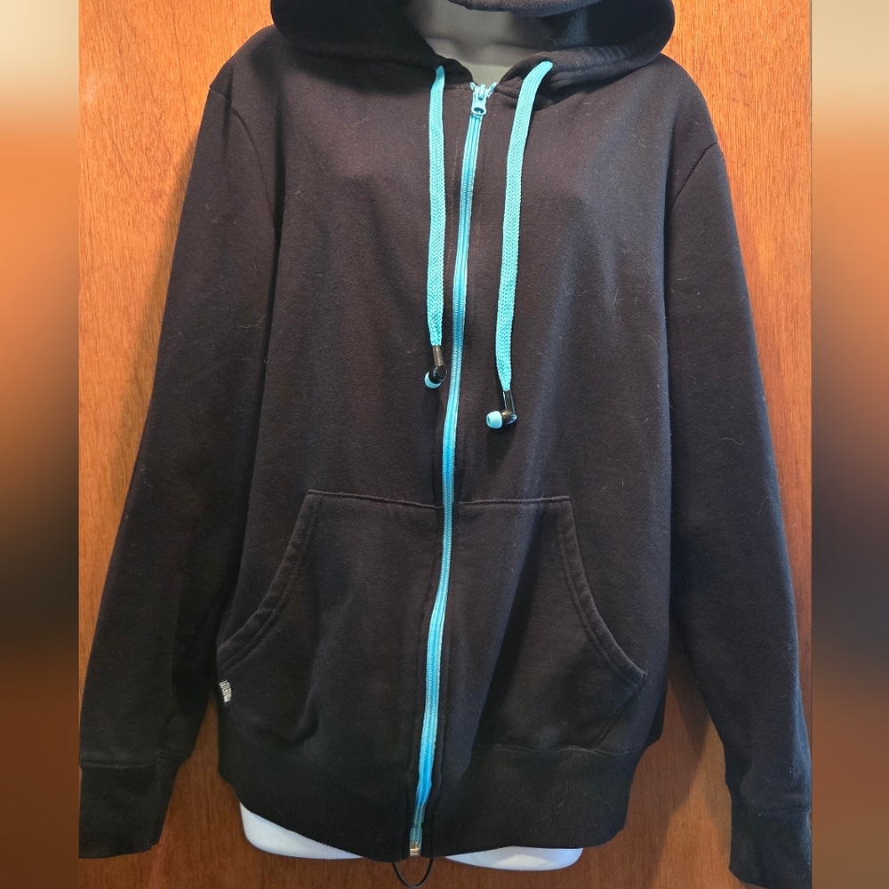 Hide ☠️ Seek Black Hoodie w/Blue Accents Headphones hood Strings SzM - Picture 4 of 7